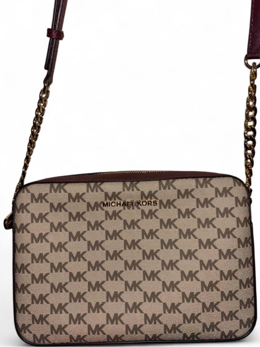 Michael Kors Beige/Brown MK Signature Crossbody with Gold Chain Strap